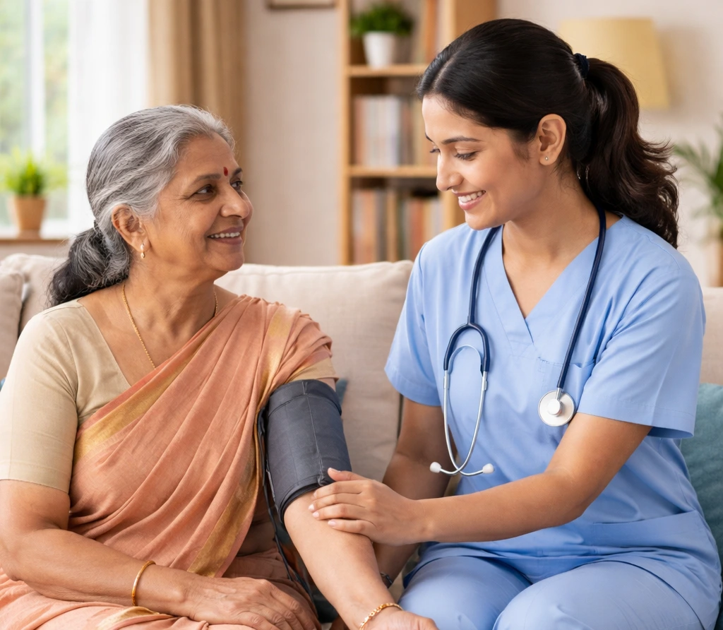 Trained home nurse providing professional nursing care to patient at home in Tamil Nadu