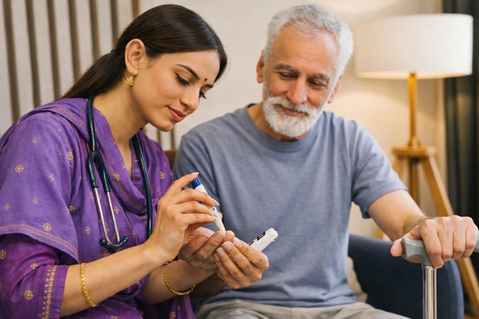 Caring nurse assisting elderly patient at home in Tamil Nadu - Anbu Sri Sai elder care services